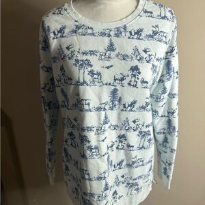 Vintage lands end Blue and White Scenic Print Sweatshirt size large